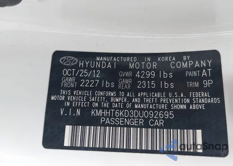 2013 Hyundai Genesis 2.0T from USA, damaged, VIN KMHHT6KD3DU092695